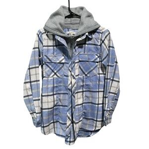 No Comment Hooded Flannel Shirt Women’s Size Small Blue Plaid Button Down